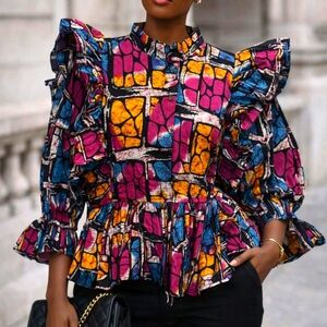 Elegant Multicolor Ruffle Sleeve Top